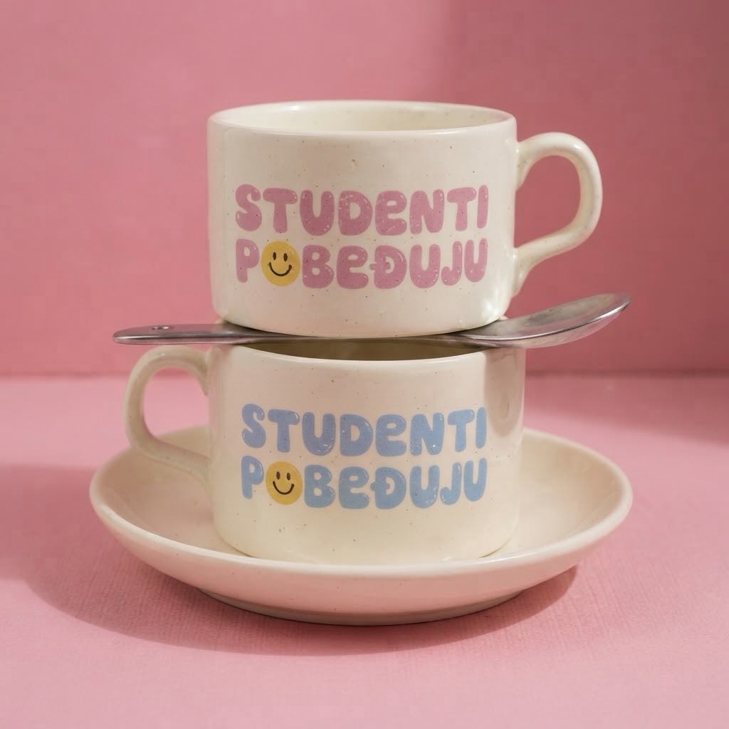 Dve bele šolje sa tacnom, natpis Studenti pobeđuju u roze i plavoj boji